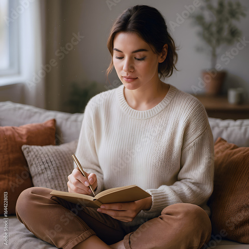 A young woman sitting on a couch, writing in a journal with a pen