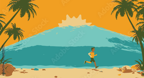 Runner on Tropical Beach with Large Wave and Palm Trees - Summer Workout Concept