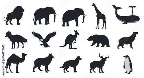 Silhouette depictions of diverse animals including mammals birds and marine creatures shown together