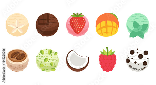 A collection of ten different flavored ice cream scoops arranged in two rows on white background