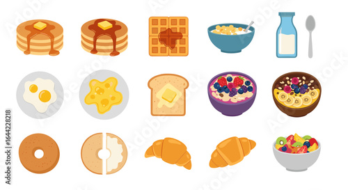 Illustration of a variety of breakfast foods including pancakes waffles eggs and fruit bowls and pastries