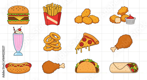 Illustration of a variety of fast food items including burger fries and pizza on a white background