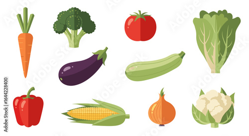 Illustration of a variety of fresh vegetables including carrot broccoli tomato and other produce items