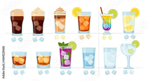 Collection of ten different cocktails with ice cubes and fruit slices in various glasses on a white background