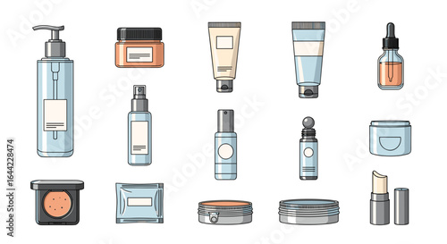 Illustration of various cosmetic products including bottles tubes and containers on a white background