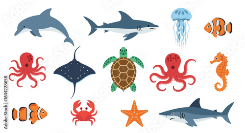 Illustration of various sea creatures including sharks, dolphins, and invertebrates present here