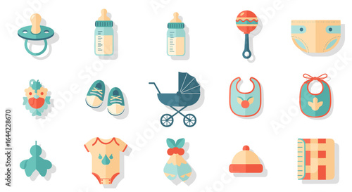 Collection of baby items including pacifier bottles rattle diaper shoes and stroller in flat design