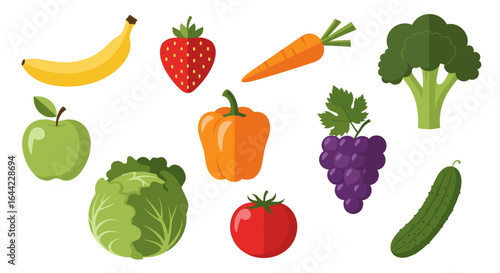 Illustration of a variety of fruits and vegetables including banana strawberry and broccoli on white background