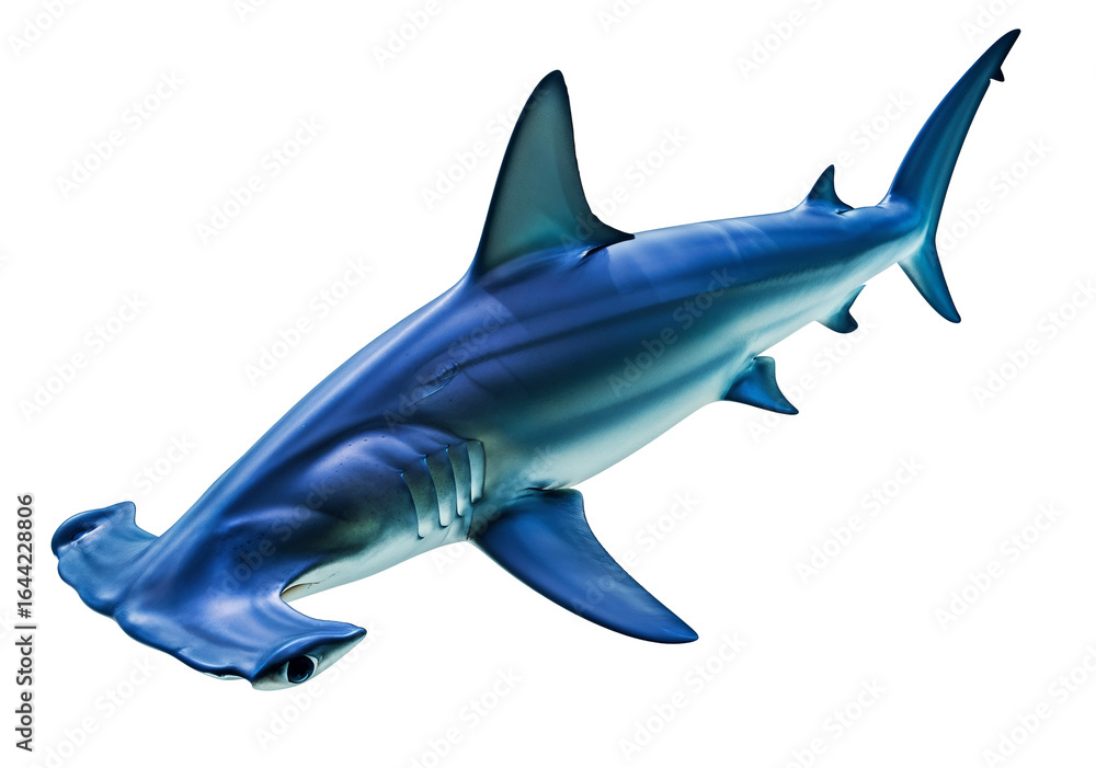 Fototapeta premium Great hammerhead shark (Sphyrna mokarran) PNG with a transparent background, a glossy and dynamic oceanic predator.