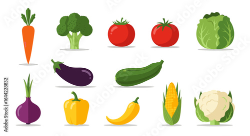 Illustration of various fresh vegetables including carrots broccoli and tomatoes in a bright and colorful style