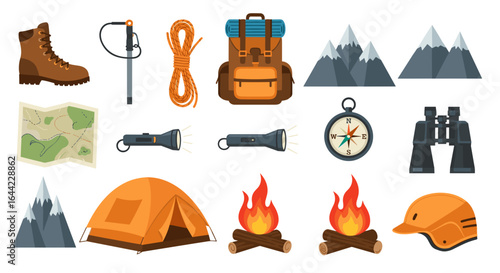 Illustration of camping gear including a boot, backpack, tent, compass, and other camping equipment