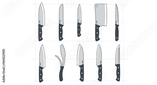 Display of various kitchen knives with black handles arranged in a grid pattern on a white background