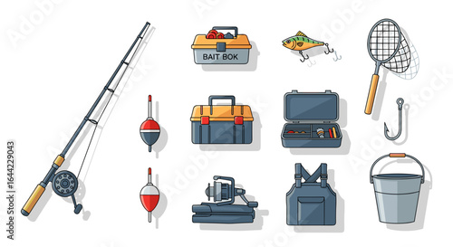 Illustration of fishing equipment including rod, tackle boxes, net, hook, and other fishing gear items
