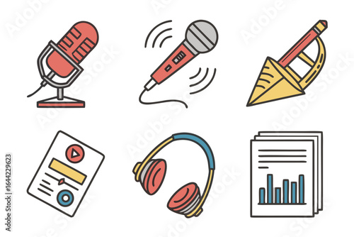 Vector art of collection of podcasting equipment isolated on white background