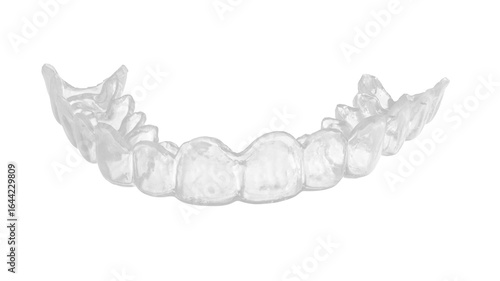 High resolution transparent dental mouth guard with smooth glossy surface and detailed tooth impressions, photographed from the front against white background with minimal shadows, studio lighting