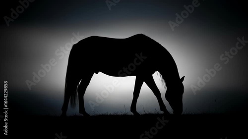 Horse silhouette grazing at dawn