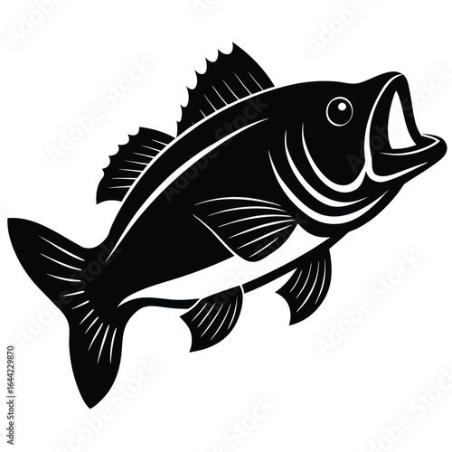 Black and white illustration of a fish with open mouth and detailed fins fishing sport fishing