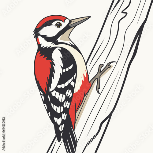 Vector art of great spotted woodpecker clinging to a tree isolated on white background