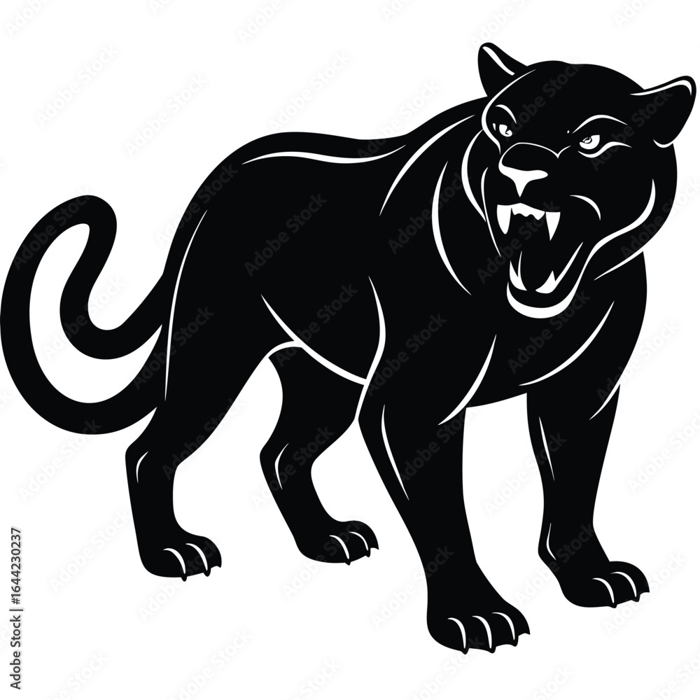 Obraz premium Black panther snarling with open mouth and sharp teeth on a white background big cat feline