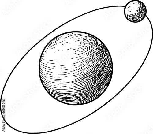 Planet And Moon Orbital Sketch. Celestial Bodies Illustration With Astronomical Drawing Style
