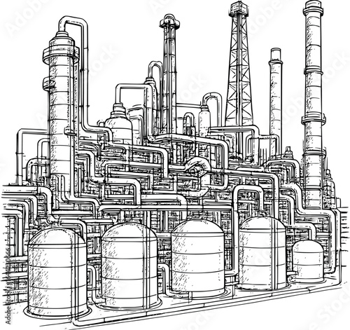 Industrial oil refinery sketch with tanks and pipes, schematic line art, isolated on white.