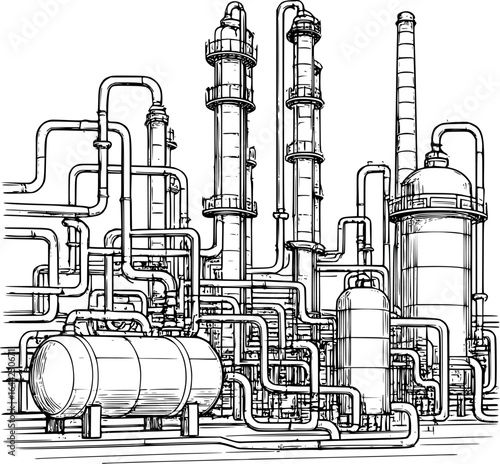 Industrial oil refinery sketch with tanks and pipes, schematic line art, isolated on white.