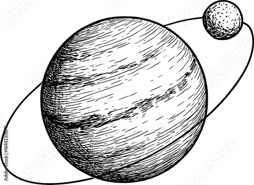 Planet And Moon Orbital Sketch. Celestial Bodies Illustration With Astronomical Drawing Style