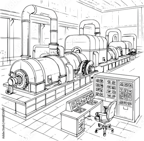 Power plant sketch with turbines and control systems, industrial energy generation, isolated on white.