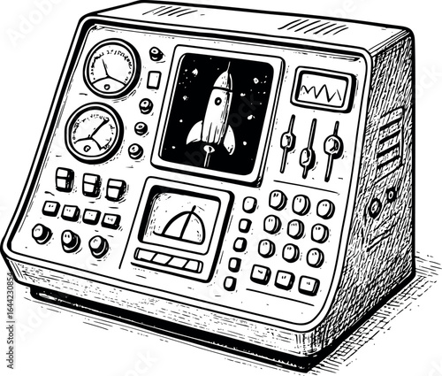 Retrofuturistic Control Panel Sketch. Mid-Century Space Console With Analog Dials And Buttons