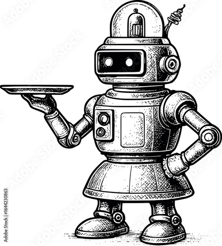 Retro-Futuristic Robot Assistant Sketch. 1940s Mechanical Design With Art Deco Influence
