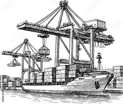 Container port logistics sketch. Cargo ship and cranes, industrial style, isolated on white.