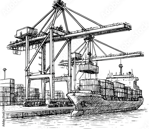 Container port logistics sketch. Cargo ship and cranes, industrial style, isolated on white.