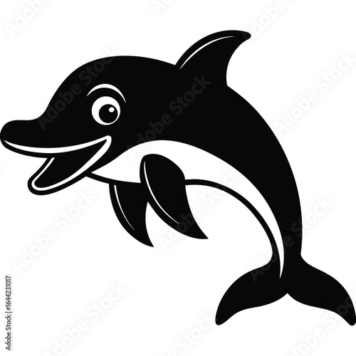 Black silhouette of a happy jumping dolphin with a white belly on a white background animal
