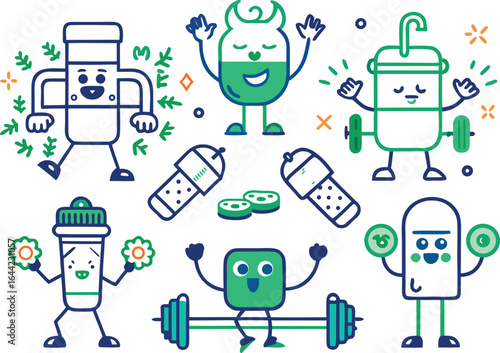 Collection of cartoon characters and fitness elements with decorative accents