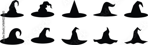 Witch hat silhouettes collection, Halloween black icons set, spooky wizard hats, magic costume accessories