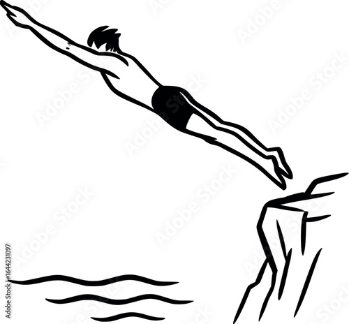 Cliff diving sketch – summer thrill vector illustration in line art