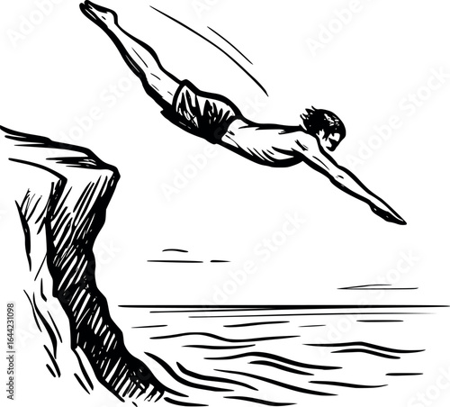 Cliff diving sketch – summer thrill vector illustration in line art
