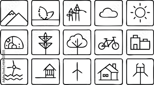 Fifteen hand-drawn icons representing nature and sustainable living