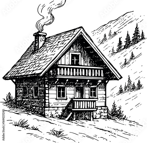 Mountain chalet sketch with steep roof. Hand-drawn alpine home vector isolated on white.