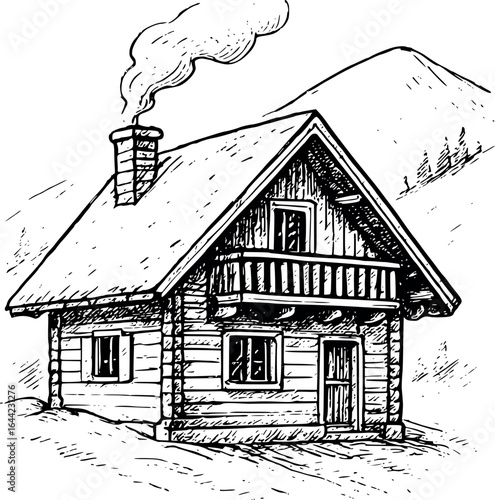 Mountain chalet sketch with steep roof. Hand-drawn alpine home vector isolated on white.