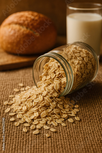 Glass jar tipped over spilling rolled oats onto rustic burlap surface with loaf of bread and glass of milk in background. Concept of healthy breakfast and organic nutrition
