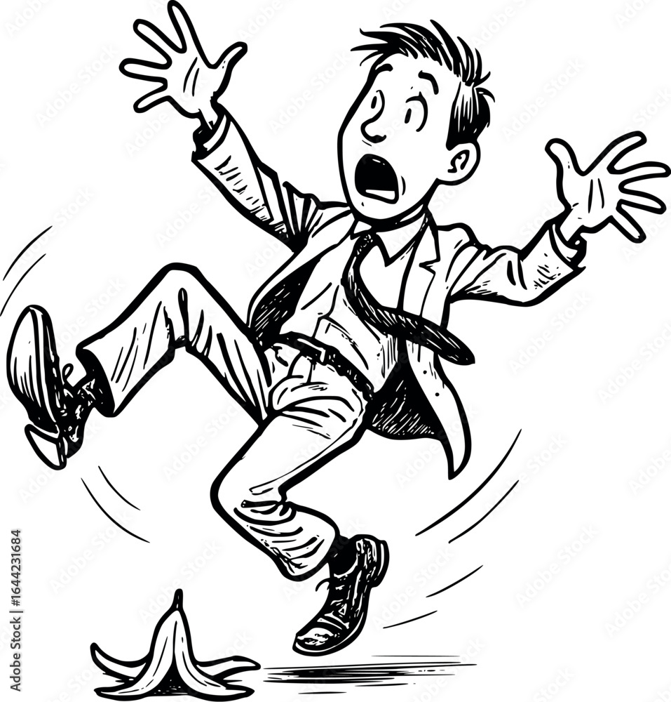 Banana peel slip sketch with funny reaction. Hand-drawn slapstick vector isolated on white. Banana peel slip sketch with funny reaction. Hand-drawn slapstick vector isolated on white.