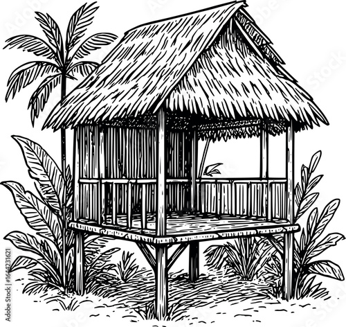 Tropical jungle hut sketch with palm roof. Hand-drawn rainforest home vector isolated on white.