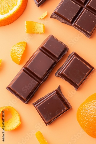 Dark chocolate pieces arranged artistically on a vibrant orange background with fresh orange peels, showcasing a delightful contrast of colors and textures for culinary inspiration