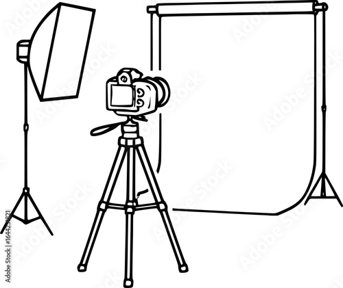 Photography studio sketch with softbox and tripod. Hand-drawn photo setup vector isolated on white.