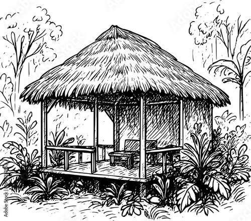 Rainforest eco-lodge sketch with thatched roof. Hand-drawn tropical climate home vector isolated on white.