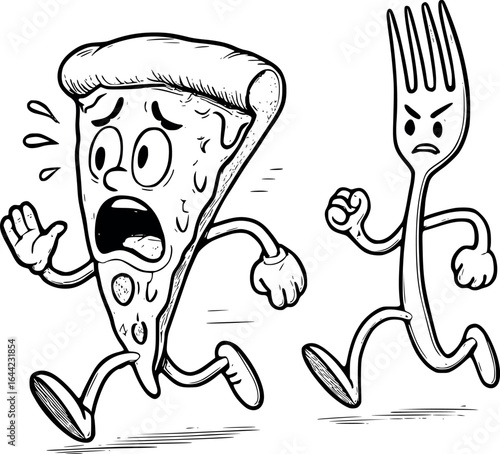 Pizza slice running from fork sketch. Funny cartoon food vector isolated on white.