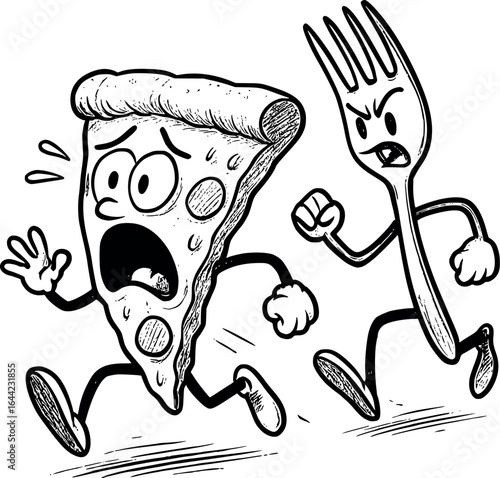 Pizza slice running from fork sketch. Funny cartoon food vector isolated on white.