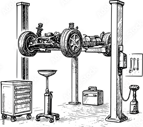 Car lift sketch in repair garage with raised chassis. Hand-drawn mechanical tool vector isolated on white.