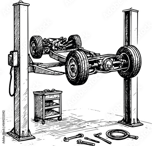 Car lift sketch in repair garage with raised chassis. Hand-drawn mechanical tool vector isolated on white.